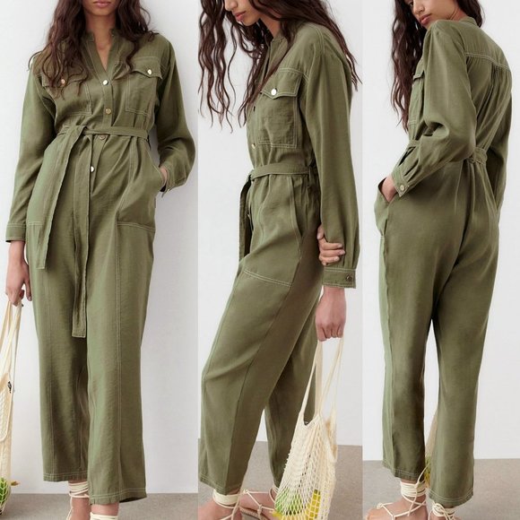 NEW Zara Olive Green Modal Long Sleeves Contrasting Topstitch Belted Jumpsuit S